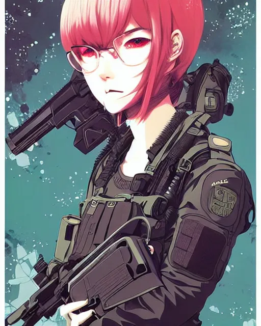 Image similar to girl with tactical gear, manga!! detailed manga illustration!! intricate details, aesthetically pleasing pastel colors, poster background, aesthetic details, art by conrad roset and ilya kuvshinov