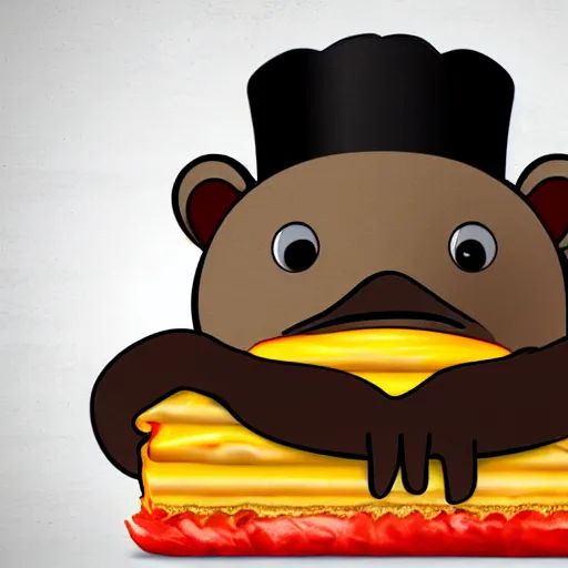 Image similar to platypus wearing a chef hat while holding a lasagna with three basil leaves over the lasagna