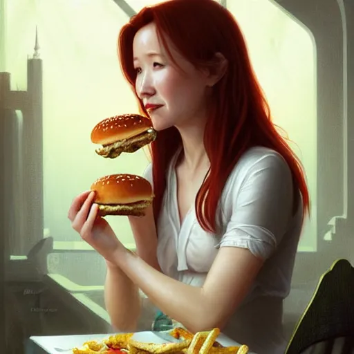 Prompt: portrait of anne heche eating hamburgers, extra onions and ketchup, luscious patty with sesame seeds, feminine ethereal, handsome, d & d, fantasy, intricate, elegant, highly detailed, digital painting, artstation, concept art, matte, sharp focus, illustration, art by artgerm and greg rutkowski and alphonse mucha