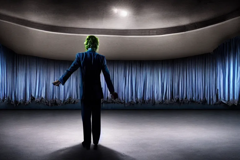 Prompt: the Joker standing on the stage of a disheveled movie theater, the stage light is directed at him, blue worn down curtains are behind him, realistic lighting, post processed lighting, 4k professional photography, wide angle lens