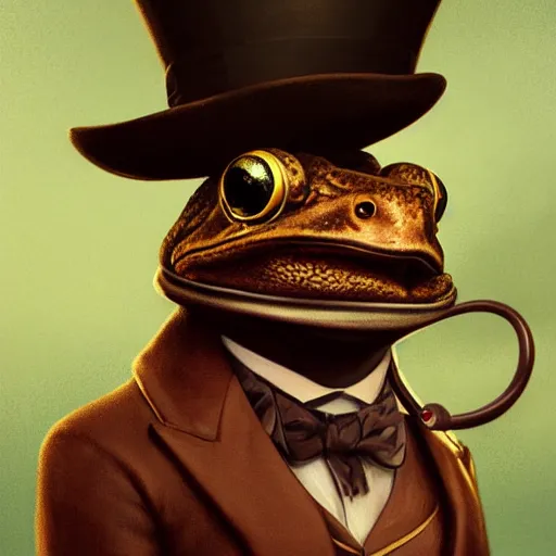 Prompt: close portrait of a fancy toad ( animal ) with a top hat, smoking a pipe, vaporwave, bedroom, highly detailed, digital painting, artstation, concept art, smooth, sharp focus, illustration, art by artgerm and greg rutkowski and alphonse mucha