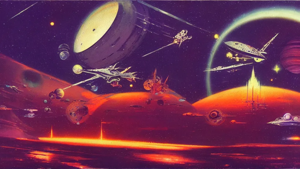 Image similar to spaceship design by paul lehr and jack gaughan and john schoenherr, epic cinematic matte painting