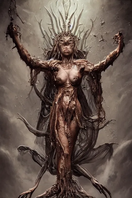 Prompt: an epic goddess with 4 arms holding a ceremonial athame in the air,beautiful and terrifying,melting,sinew,full character design,8k,by Stanley Artgermm,Tom Bagshaw,Gerald Brom,Carne Griffiths,Ron English,Linsey Levendall,Giger,trending on DeviantArt,face enhance,hyper detailed,minimalist,horror,full of colour,cinematic,dynamic lighting