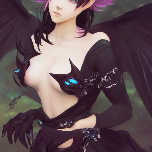 Prompt: a beautiful anime girl wtih balck horns and single neck ring and bat wings,full body painting,by Greg Rutkowski and Ilya Kuvshinov and Alphonse Maria Mucha,super clear detailed,hyper realistic,trending on artstation,8k