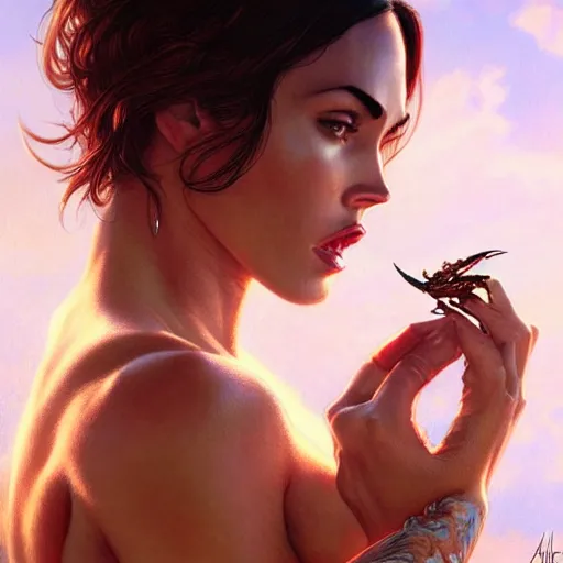 Prompt: Megan Fox eating crabs, closeup, D&D, fantasy, intricate, elegant, highly detailed, digital painting, artstation, concept art, matte, sharp focus, illustration, art by Artgerm and Greg Rutkowski and Alphonse Mucha