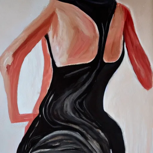 Prompt: a messy painting of a black dress being unzipped from behind