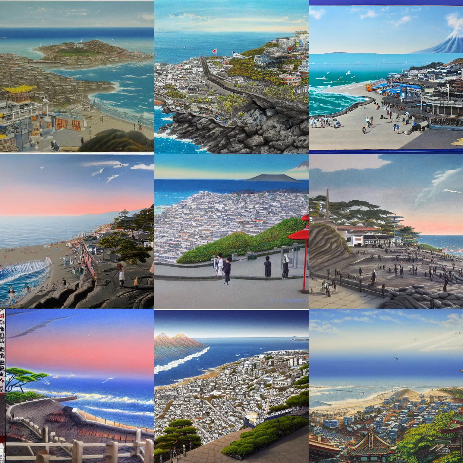 Prompt: A landscape of azimuth matte painting of Japan Shonan Enoshima, highly detailed, Photorealistic,