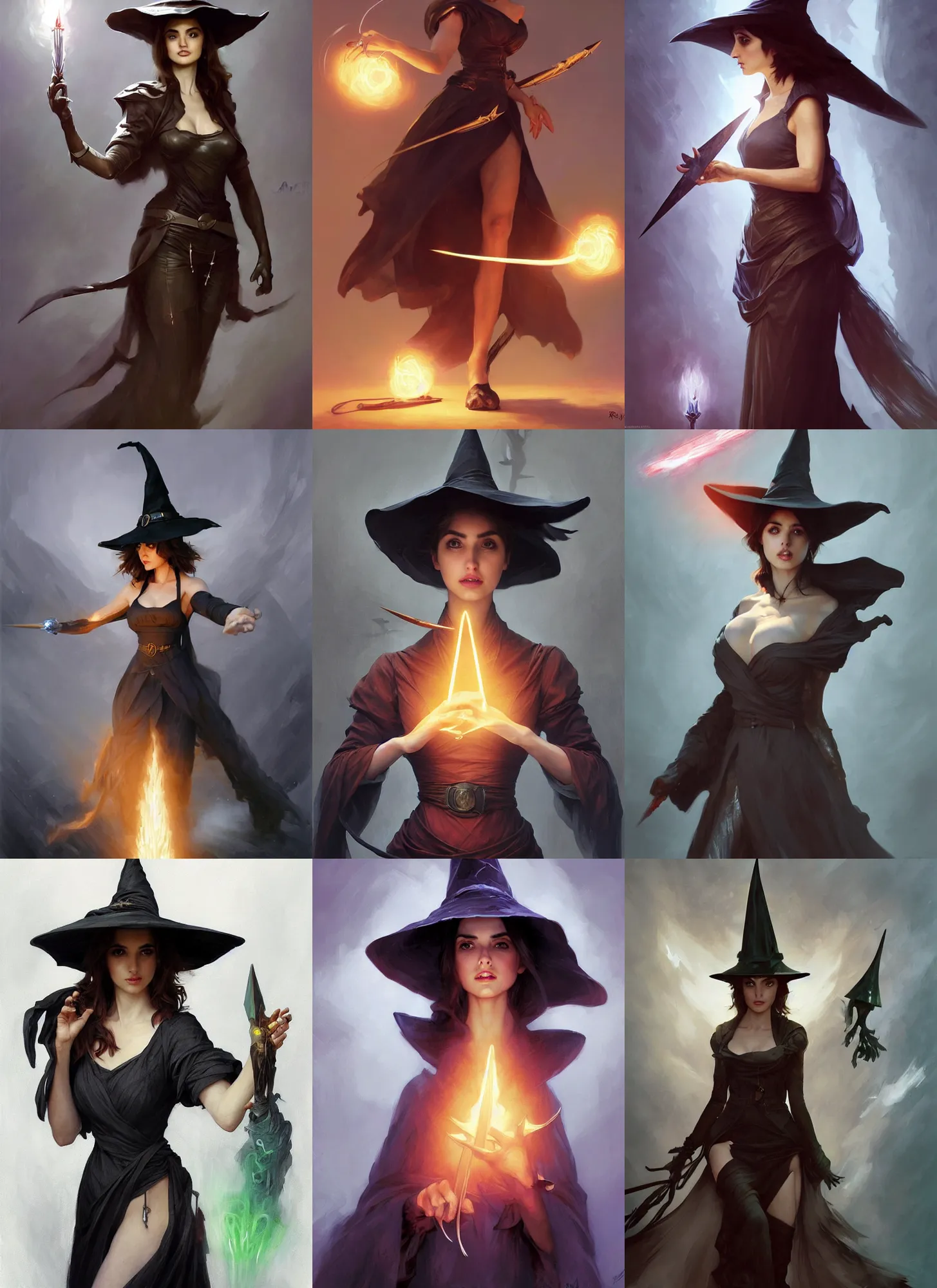 Prompt: character concept of ana de armas as a witch with a big pointy hat casting a glowing spell out of her hands, intricate, elegant, digital painting, concept art, smooth, sharp focus, illustration, from Metal Gear, by Ruan Jia and Mandy Jurgens and William-Adolphe Bouguereau, Artgerm