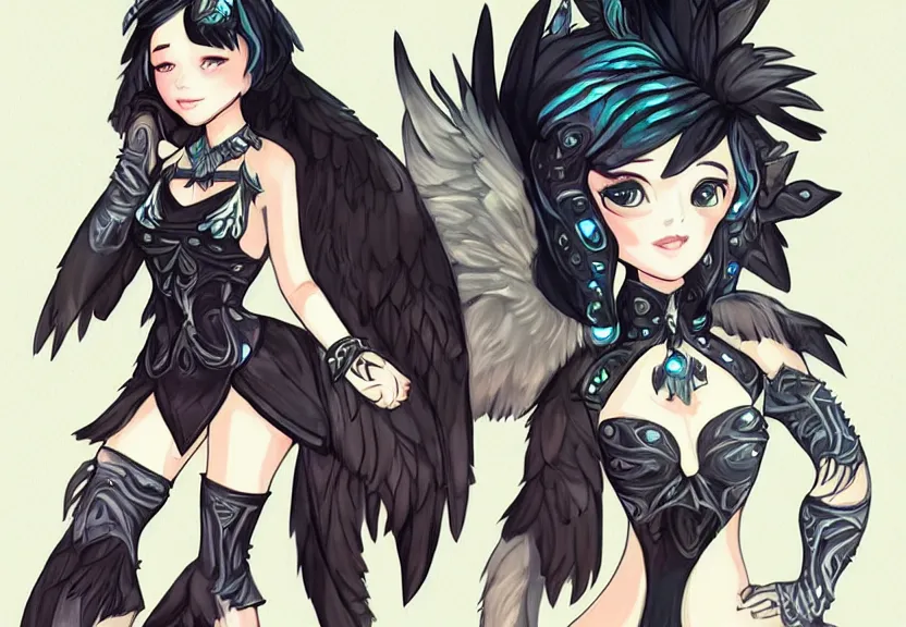 Image similar to little girl with a short black haircut wearing a dress made of black feathers, artwork in league of legends art style, anatomically perfect