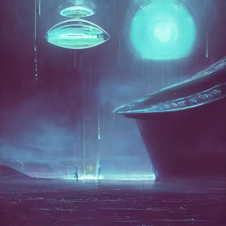 Prompt: mechanical nautilus spaceship dripping wet rising from a the ocean, sci - fi concept art, by john harris, by simon stalenhag, stunning, award winning