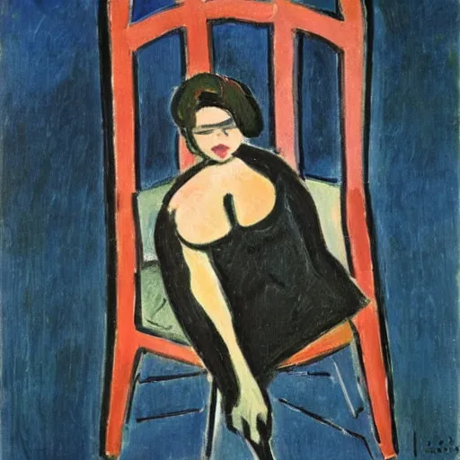 Image similar to an oil painting by matisse of marvel black widow sitting on a chair,