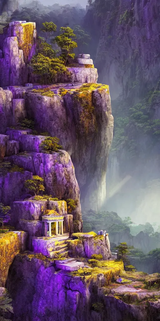 Image similar to Gorge in the mountain, white stone temple ruins, night dramatic lighting, blue, yellow and purple tones, wide camera angle, matte painting, trending on ArtStation, concept art, delightful surroundings, high detail, sharp contrast, picturesque, 4K, 8K, super graphically realistic detailed, high definition, HDR