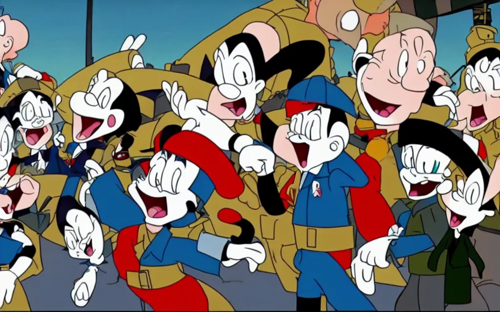 Prompt: episode of animaniacs where yakko wakko and dot Warner torment adolf hitler, cartoon animaniacs in world war 2 era Germany where they bounce on Hitler's head, Hitler is crying, streaming on hulu, high quality upload, Steven spielberg Warner bros animation