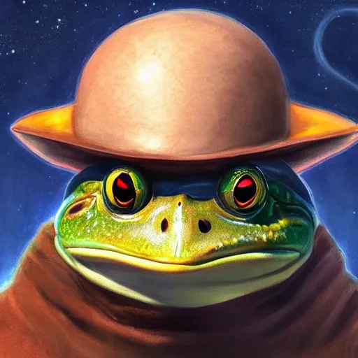 Image similar to A portrait of a wizard but his head is a frog', painted by Studio Ghibli, 4k, traditional art, trending on deviantart, highly detailed, full body shot, wide depth of field, professional lighting, airbrush