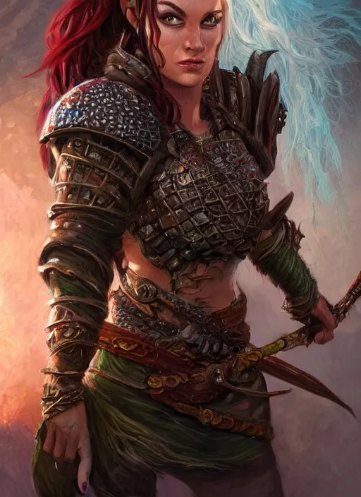 Image similar to ugly female, ultra detailed fantasy, dndbeyond, bright, colourful, realistic, dnd character portrait, full body, pathfinder, pinterest, art by ralph horsley, dnd, rpg, lotr game design fanart by concept art, behance hd, artstation, deviantart, hdr render in unreal engine 5