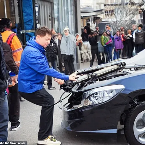 Image similar to car manipulator picks up one person from a queue of people looking for a store