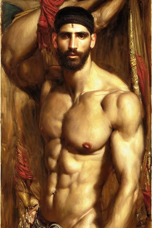 Prompt: muscular greek king, orientalist intricate portrait by john william waterhouse and edwin longsden long and theodore ralli and nasreddine dinet, hyper realism, dramatic lighting