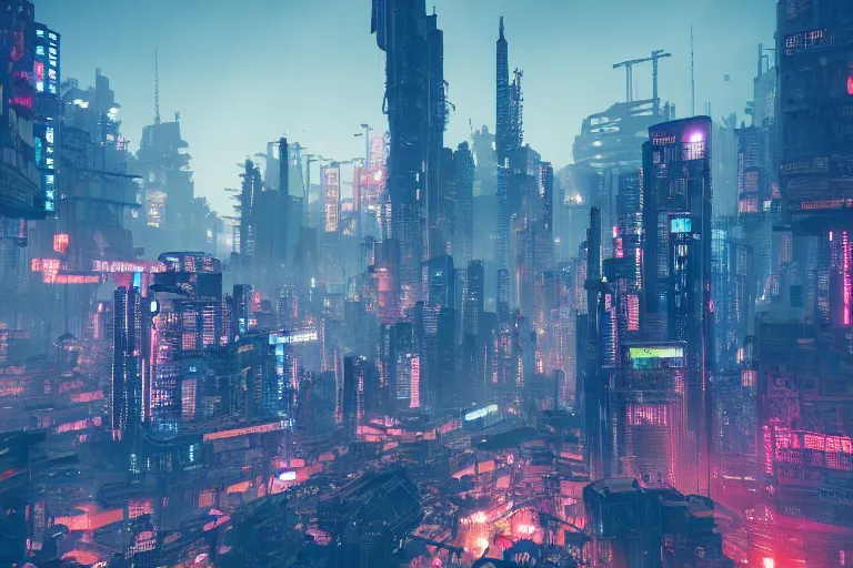 Image similar to dense and detailed dystopian cyberpunk city skyline, multicolored, 8k