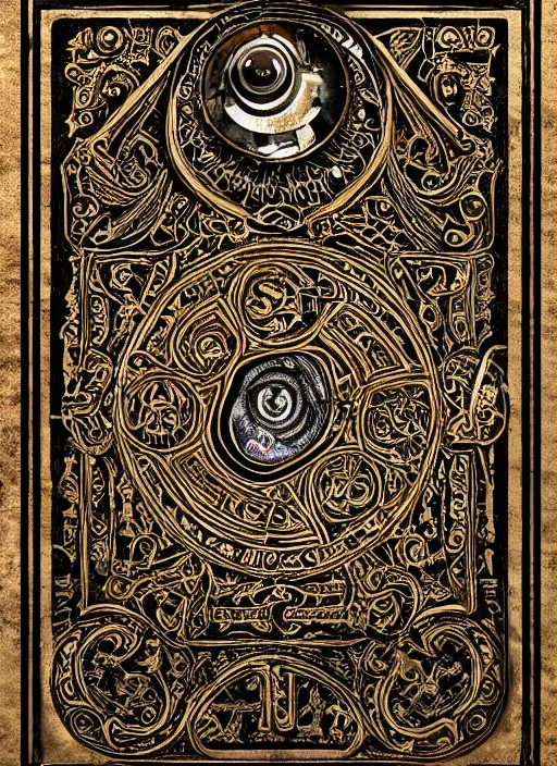 Image similar to an ancient ornate intricate old tome spell book with the sigil symbol of an eye emblazoned on the cover, cinematic, realistic, intricate detail, finely detailed, small details, extra detail, photorealistic, high resolution, 3D, PBR, path tracing, volumetric lighting, octane render, arnold render, 8k