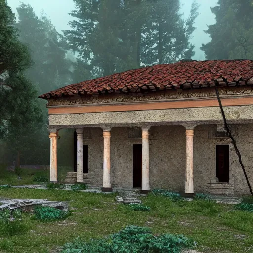 Image similar to a beautiful roman villa in middle of a misty pine forest, 3d rendered, artstation, digital art, 4k