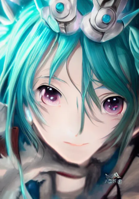 Image similar to A fantasy anime portrait of Hatsune Miku, by Yoneyama Mai, highly detailed eyes, illustration, trending on ArtStation, two-dimensional