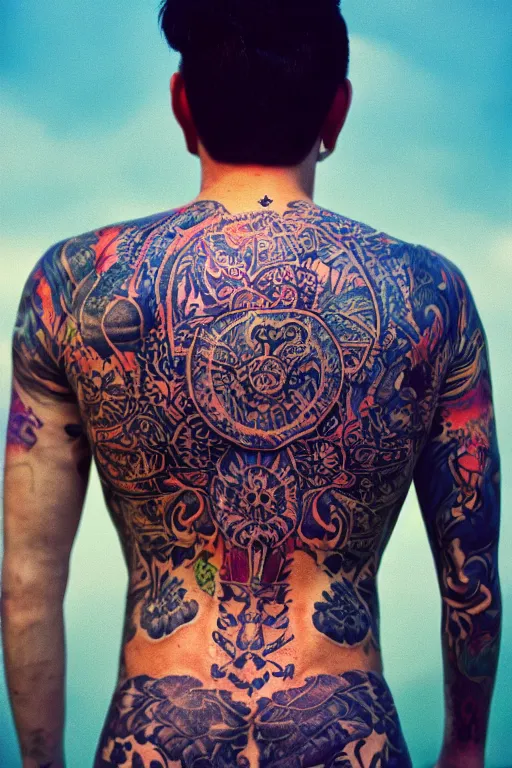 Image similar to agfa vista 4 0 0 photograph of a guy with elaborate intricate back tattoos, back view, synth vibe, vaporwave colors, lens flare, moody lighting, moody vibe, telephoto, 9 0 s vibe, blurry background, grain, tranquil, calm, faded!,