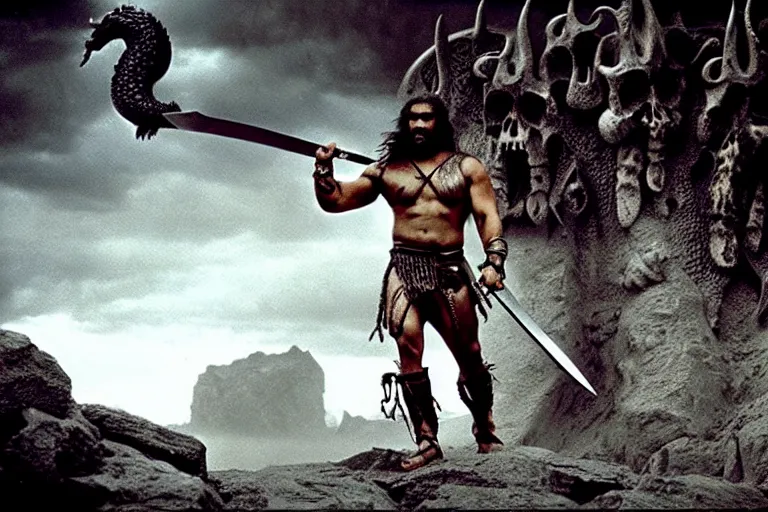 Prompt: 7 0 mm film still from conan the barbarian, jason momoa as conan with a giant sword wearing ornate dragon armor in the wet catacombs of skulls and snakes, cinematic, volumetric lighting, mist, wet skin and windblown hair, muscular!!!, heroic masculine pose, ridley scott