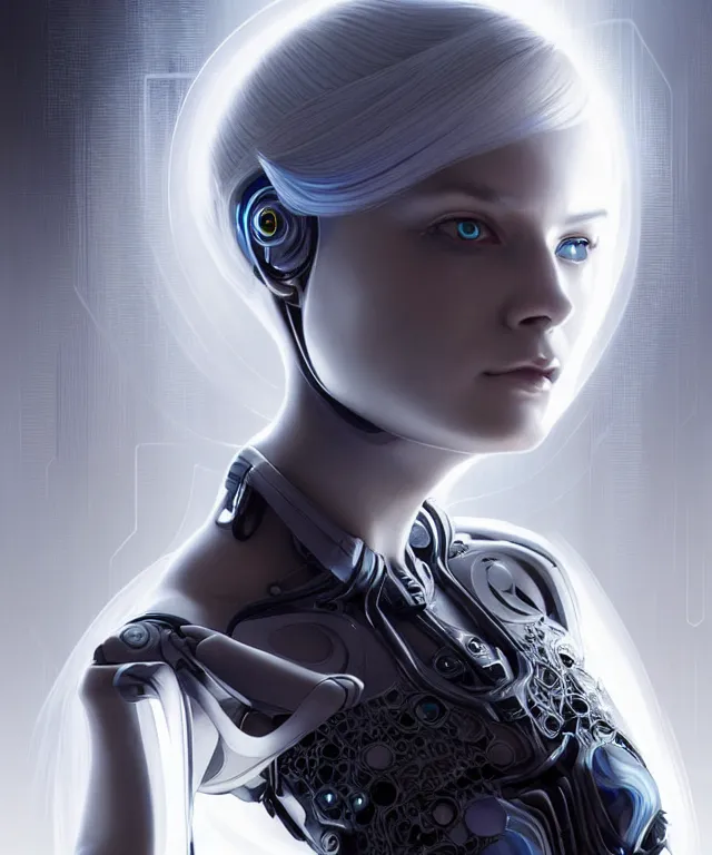 Image similar to futuristic woman android portrait, sci-fi female, azure eyes, face, short platinum hair tomboy, cyberpunk, intricate, elegant alabaster skin, highly detailed platinum filigree, digital painting, artstation, concept art, smooth, sharp focus, illustration, dramatic lighting, subsurface scattering, art by artgerm and greg rutkowski and alphonse mucha