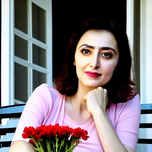 Prompt: a beautiful portrait of the turkish actress sumeyye aydogan, duy beni serial, sitting on the porch holding a flower, in front of the house