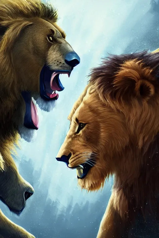 Prompt: A Bear and a Lion Fighting, artstation, 4k detailed