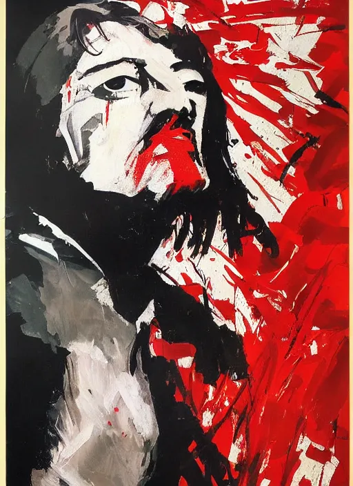 Prompt: v for vendetta by ashley wood, yoji shinkawa, jamie hewlett, 6 0's french movie poster, french impressionism, black red white colors, palette knife and brush strokes, dutch tilt