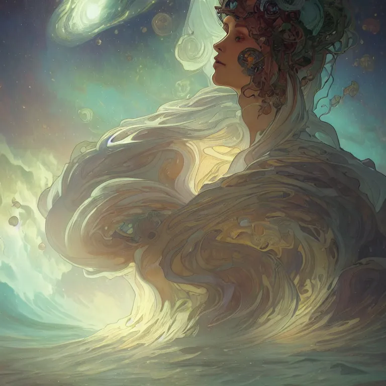 Prompt: bright eyes full of cosmic nebulae drowning in a boiling ocean, concept art, nostalgic melancholic artwork, by Peter Mohrbacher and Alphonse Mucha, detailed, style, 8k, trending on artstation, unreal engine 4k, detailed, clean background trending, full shot, symmetrical portrait, sophisticated, Unreal engine, dystopia, anti-utopia, post processing, psychadelic