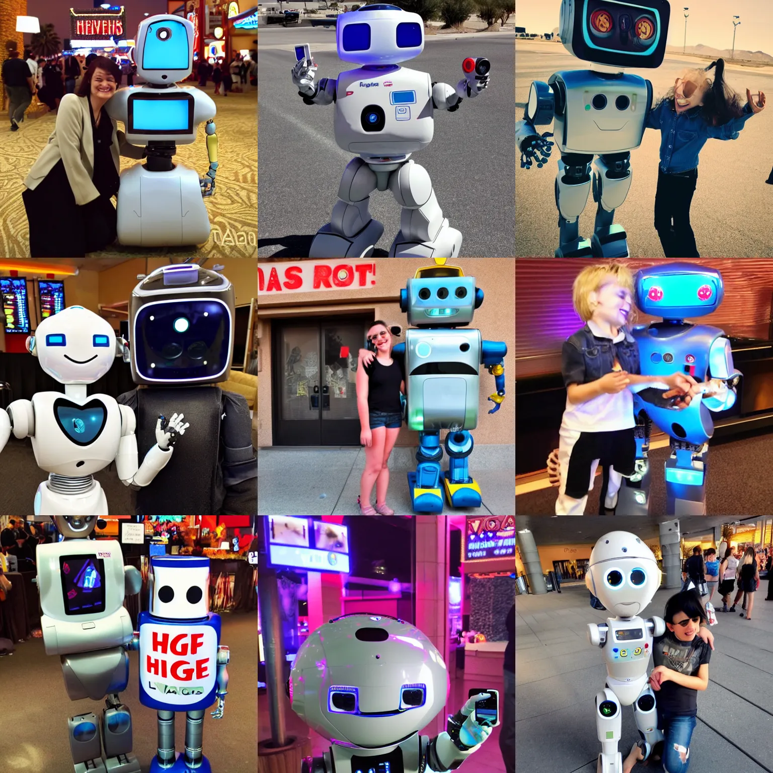 Prompt: <photo hd crisp location='las vegas, nv' year=2025><robot friendly cute adorable desires=hug action=hugging>selfie with a robot i found</robot></photo>