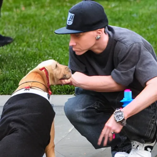 Prompt: Eminem and a dog plays with Lego at Central park