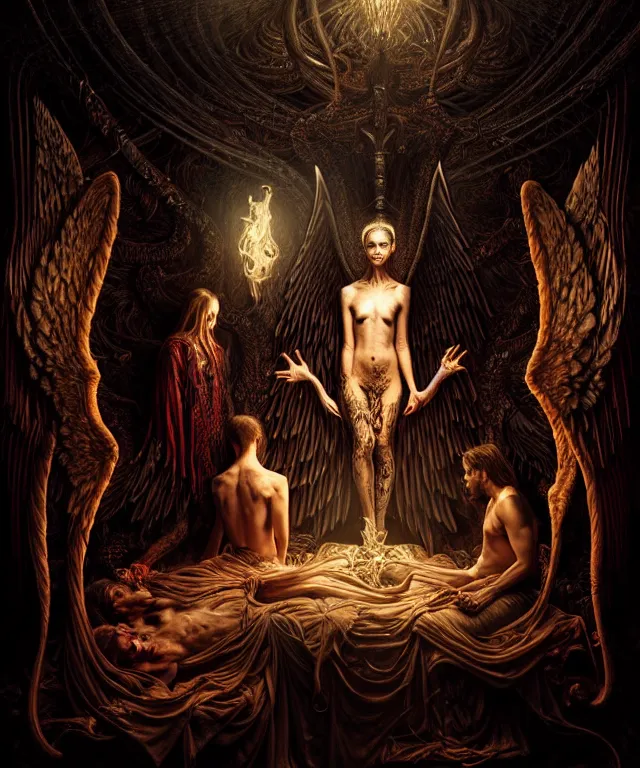 Image similar to epic professional digital art of god's bargain with lucifer, horrific yet beautiful vibe, evocative, atmospheric lighting, painted, intricate, highly detailed, by leesha hannigan, wayne haag, reyna rochin, ignacio fernandez rios, mark ryden, iris van herpen, artstation, cgsociety, stunning, gorgeous, sharp focus, cinematic, masterpiece