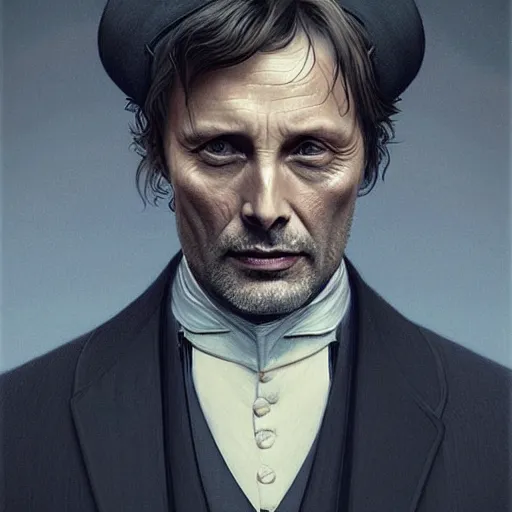 Image similar to portrait of Mads Mikkelsen as Sherlock Holmes, elegant, intricate, headshot, highly detailed, digital painting, artstation, concept art, sharp focus, illustration, art by artgerm and greg rutkowski and alphonse mucha