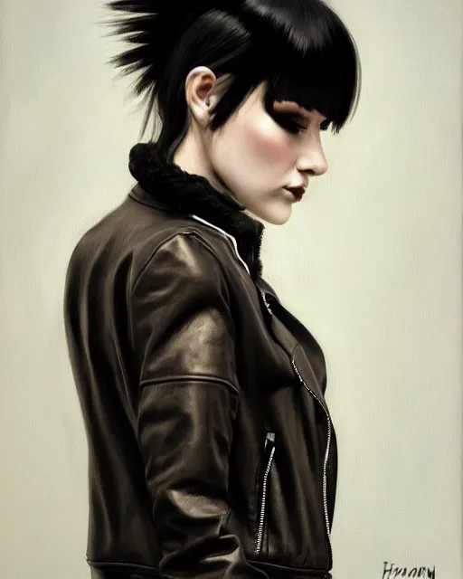 Image similar to portrait painting of a punk woman in a leather bomber jacket, medium shot, asymmetrical, profile picture, rainy night, trending on artstation, by huang guangjian