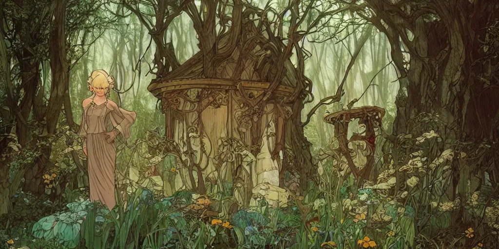 Image similar to an elvish Fairy house in the Woods, fantasy, art nouveau, daylight, warm light, spring, studio ghibli, Moebius, alphonse mucha, siya oum, ultra detailed, High definition, Sharp, artstation