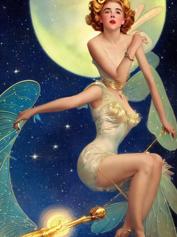 Image similar to kiernan shipka as tinkerbell glowing, a beautiful art nouveau portrait by Gil elvgren and Hajime Sorayama, moonlit starry sky environment, centered composition, defined features, golden ratio, gold jewlery, photorealistic professionals lighting, cinematic, sheer