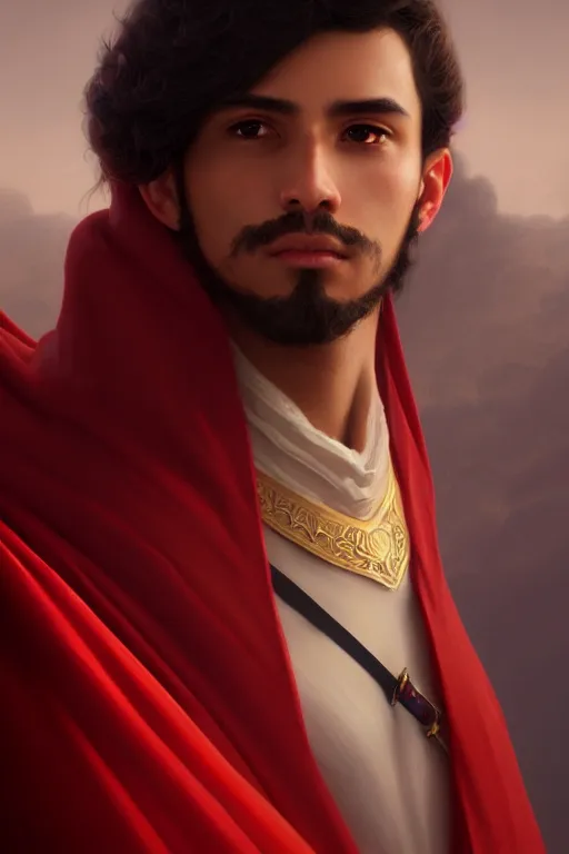 Image similar to a portrait of a hispanic male prince, red cape, illustration, soft lighting, soft details, painting oil on canvas by Edmund Blair Leighton and Charlie Bowater octane render trending on artstation d&d characters, 4k, 8k, HD