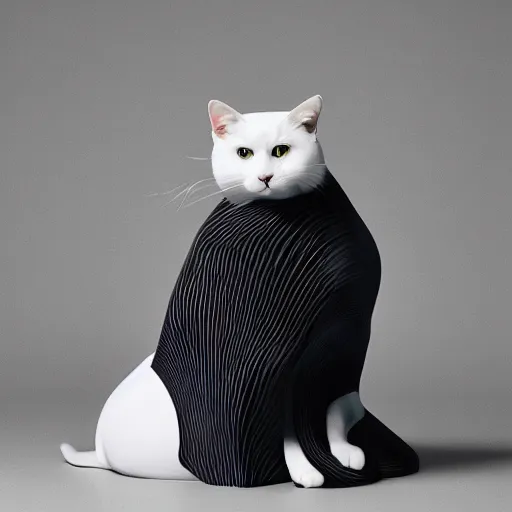 Prompt: An elegant cat wearing clothes designed by Issey Miyake