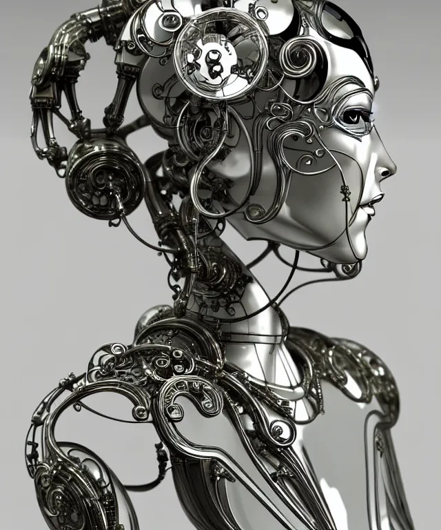 Image similar to beautiful cybernetic art nouveau robot, beautiful art nouveau porcelain face + body is clear plastic, inside organic robotic tubes and parts, front facing, wearing translucent baroque rain - jacket + symmetrical composition + intricate details, hyperrealism, wet, reflections + by alfonse mucha and moebius, no blur dof bokeh