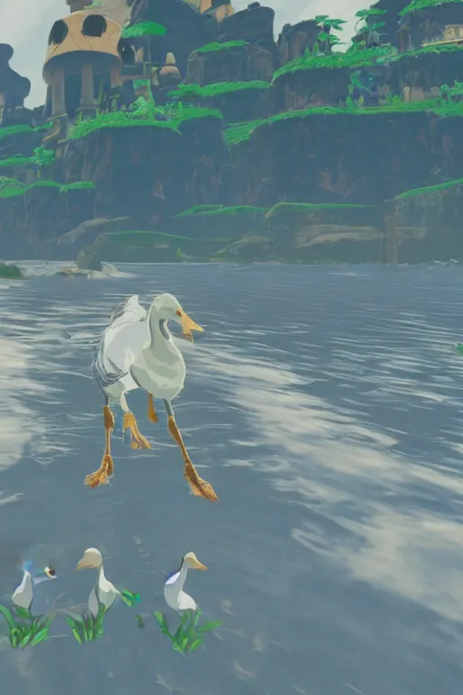 Prompt: in game footage of a white goose from the legend of zelda breath of the wild, breath of the wild art style.