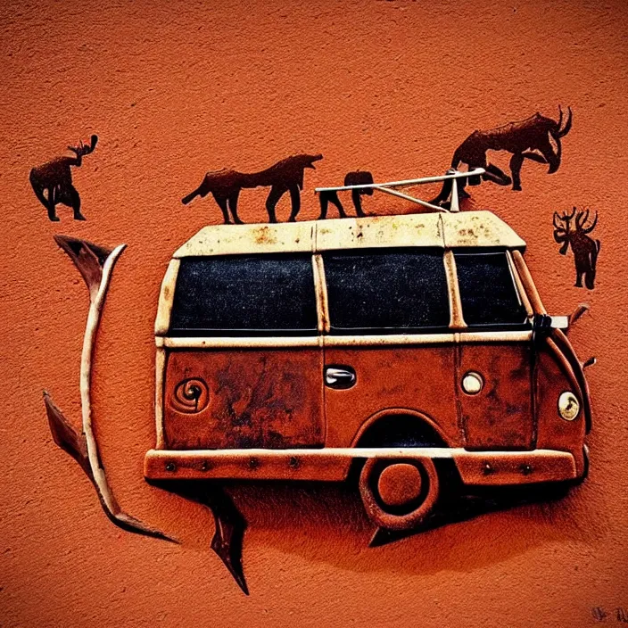 Image similar to image of ancient vw bus on the wall, mammoths and hunters, ancient prehistoric rock art in a cave style, red ocher paint