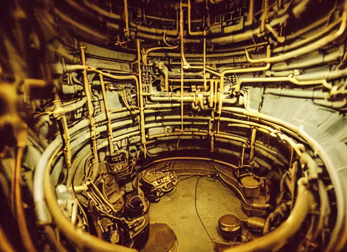 Prompt: a 3 5 mm photo of the interior of a soviet - era nuclear reactor, bokeh, canon 5 0 mm, cinematic lighting, dramatic, film, photography, golden hour, depth of field, award - winning, 3 5 mm film grain, retro, film, kodachrome