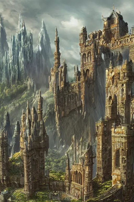 Image similar to gigantic castle, adorned pillars, towers, landscape, alex ross, neal Adams, david finch, concept art, matte painting, highly detailed, rule of thirds, dynamic lighting, cinematic, detailed, denoised, centerd