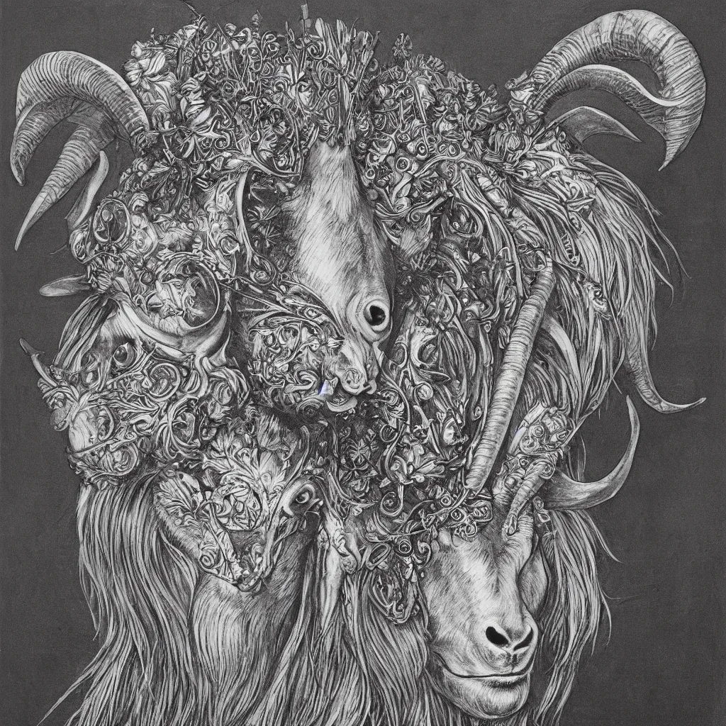 Image similar to beautiful ceremonial bilaterally symmetrical goat mask, fibonacci flow, acroteria, encarpus, shield emblem, large medium and small elements, by russ abbott, albrecht durer, artgerm, rutkowski