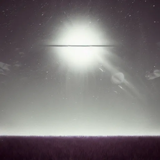 Prompt: a photo of a darkened field with a planetary object hanging in the sky above, digital art, intense, dramatic lighting, emotional, music video