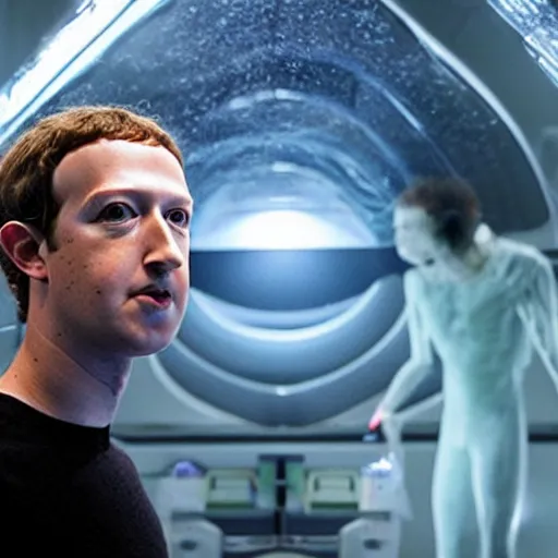 Prompt: mark zuckerberg awakening from his alien cryogenic chamber with slimy feeding tubes attached. inside a room with futuristic touchscreen medical equipment. Surrounded by skinny translucent aliens. Photograph from science fiction movie.