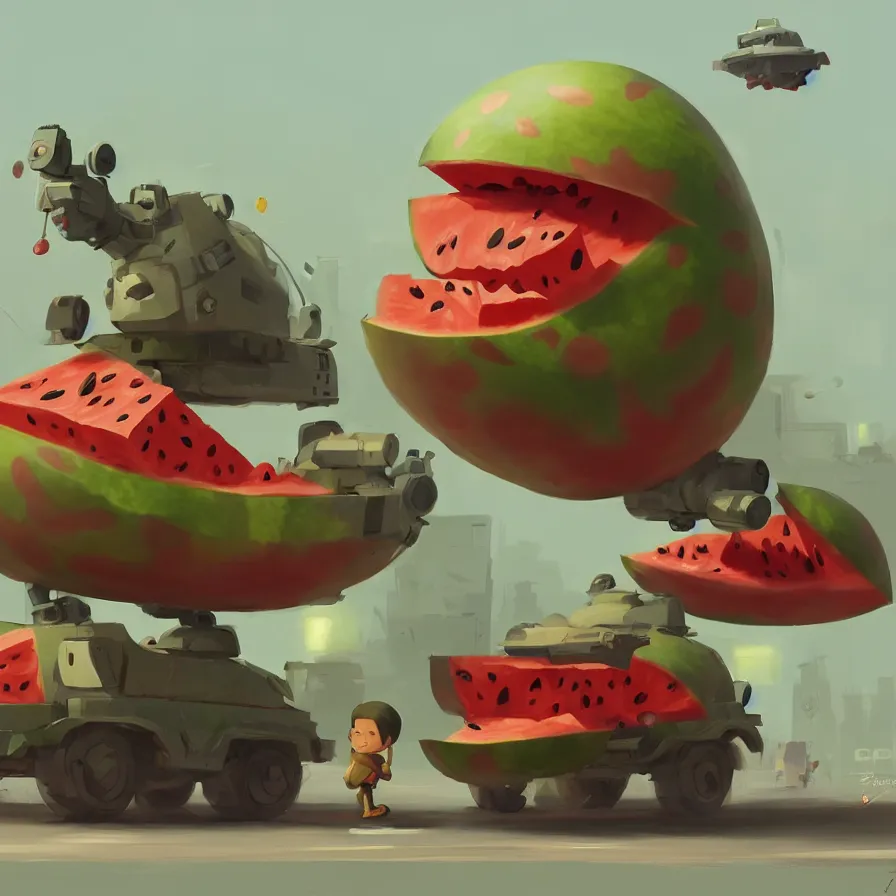 Prompt: Goro Fujita illustrating a watermelon military machine defending a city, art by Goro Fujita, sharp focus, highly detailed, ArtStation